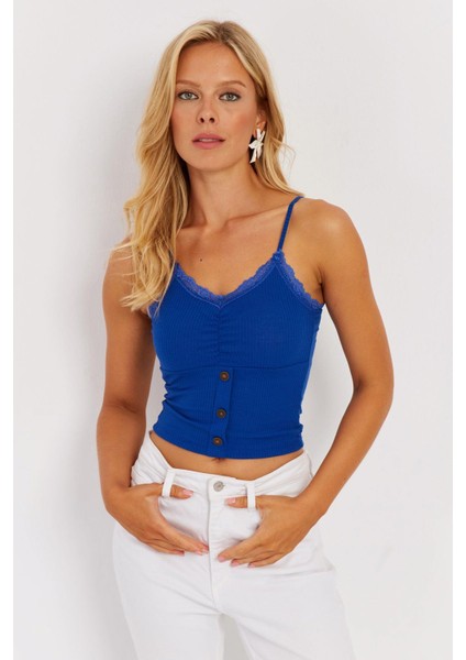 Kadın Saks Askılı Dantelli Bluz MK03-90