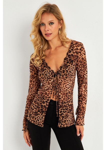 Kadın Camel-Siyah Leopar Desenli Tül Bluz GÇ175 fırsatları