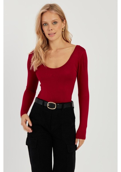 Kadın Bordo Ön Arka U Yaka Bluz LPP1265 modelleri