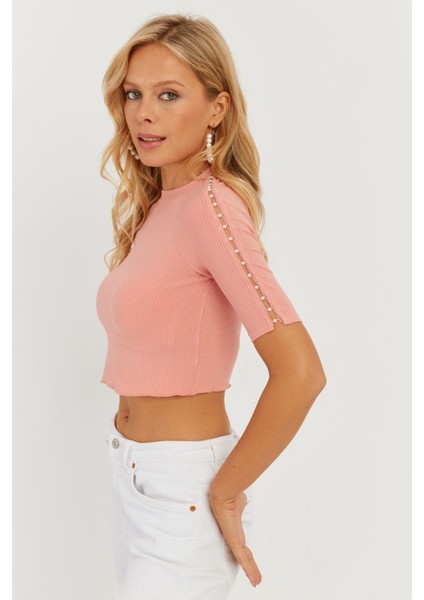 Kadın Pudra Kolları İncili Crop Bluz AYD298
