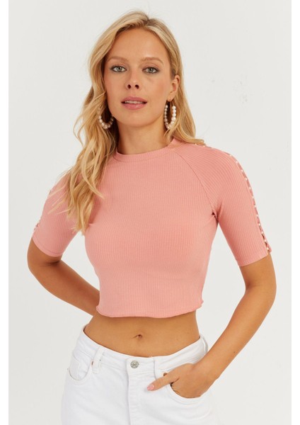 Kadın Pudra Kolları İncili Crop Bluz AYD298 fiyatları