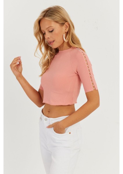 Kadın Pudra Kolları İncili Crop Bluz AYD298 modelleri