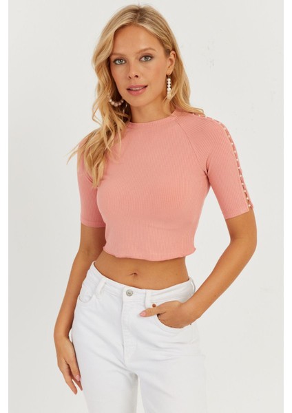 Kadın Pudra Kolları İncili Crop Bluz AYD298 fırsatları