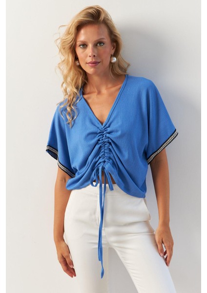 Kadın İndigo Önü Büzgülü Bluz XL2039