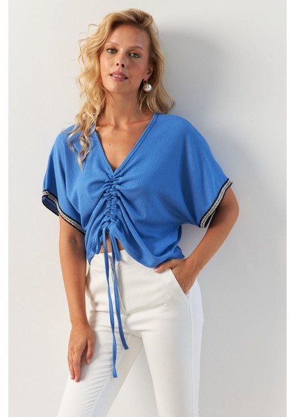 Kadın İndigo Önü Büzgülü Bluz XL2039 modelleri