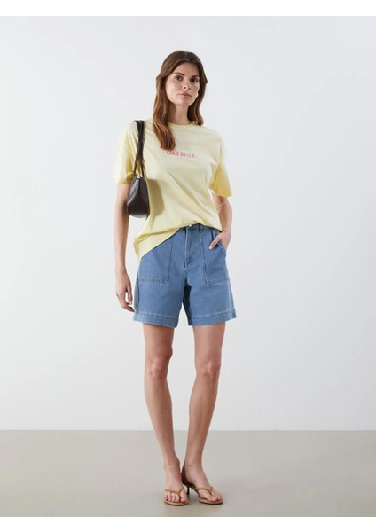 Lcw Vision Bisiklet Yaka Baskılı Oversize Kadın Tişört (S5)