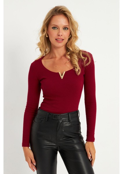 Kadın Bordo Aksesuarlı Kaşkorse Bluz RLO17 modelleri