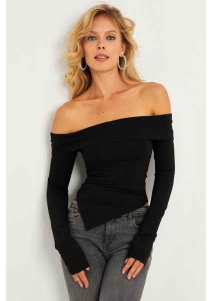 Kadın Siyah Madonna Yaka Crop Yılbaşı Bluz B5038