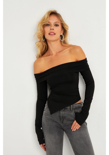 Kadın Siyah Madonna Yaka Crop Yılbaşı Bluz B5038 fiyatları