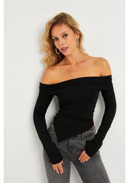 Kadın Siyah Madonna Yaka Crop Yılbaşı Bluz B5038 modelleri