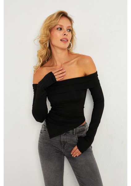 Kadın Siyah Madonna Yaka Crop Yılbaşı Bluz B5038 fırsatları