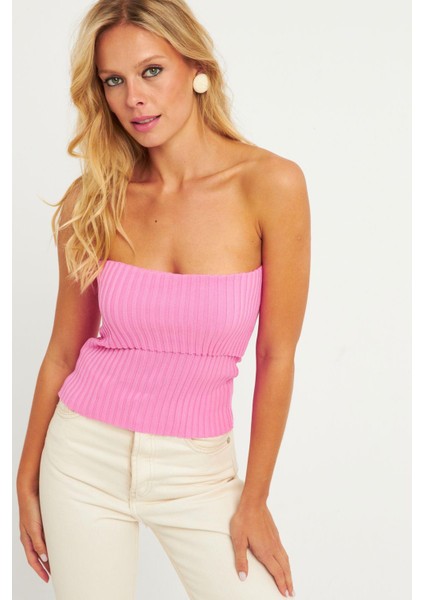 Kadın Pembe Straplez Triko Bluz YV240
