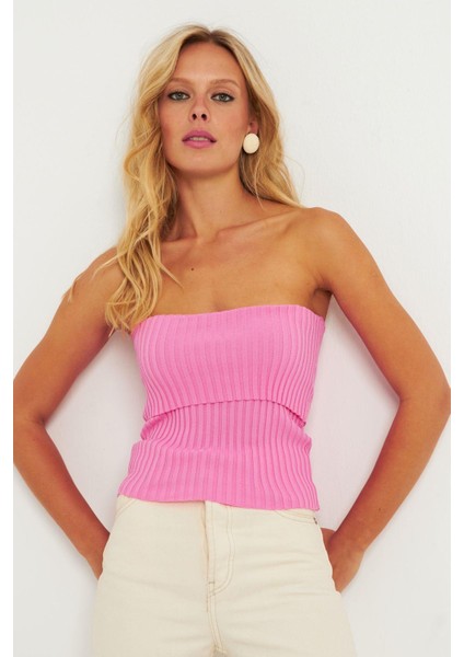 Kadın Pembe Straplez Triko Bluz YV240
