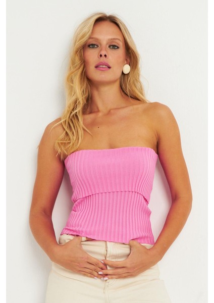Kadın Pembe Straplez Triko Bluz YV240