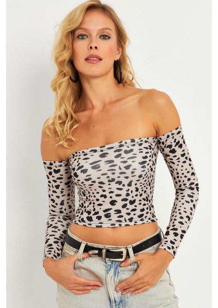 Kadın Taş Leopar Desenli Crop Bluz CG378
