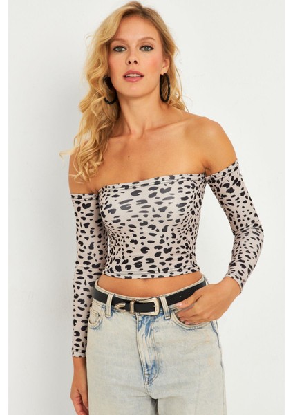 Kadın Taş Leopar Desenli Crop Bluz CG378 modelleri