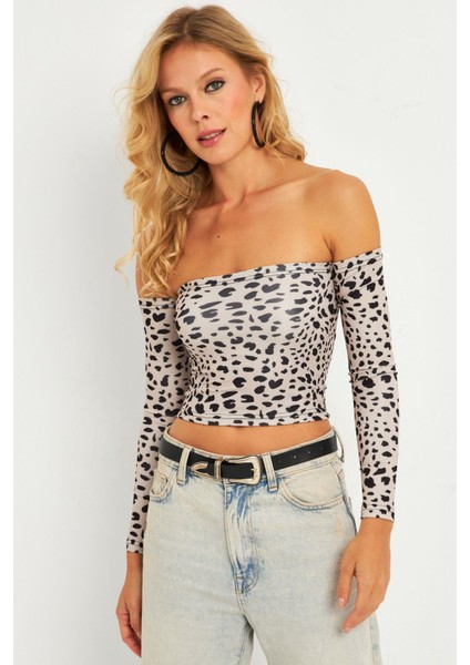 Kadın Taş Leopar Desenli Crop Bluz CG378 fırsatları