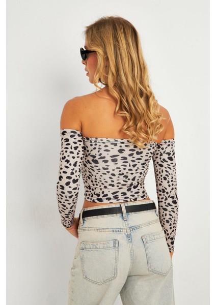 Kadın Taş Leopar Desenli Crop Bluz CG378 indirimleri