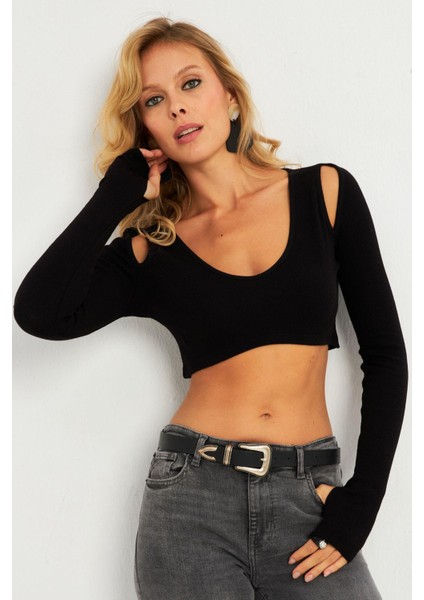 Kadın Siyah Omuzları Pencereli Kaşkorse Crop Bluz B5024 fiyatları