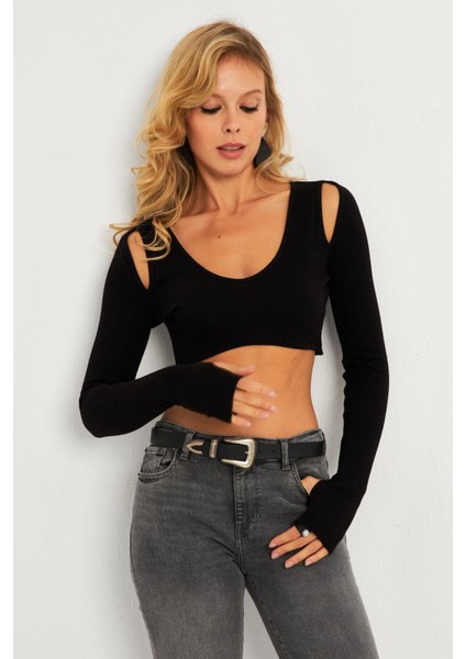 Kadın Siyah Omuzları Pencereli Kaşkorse Crop Bluz B5024 modelleri