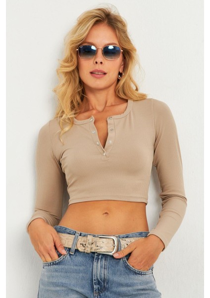 Kadın Taş Çıtçıtlı Crop Bluz CG379