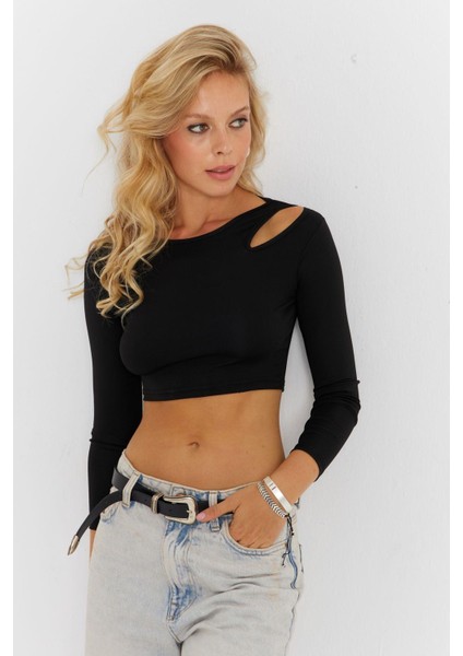 Kadın Siyah Pencereli Crop Bluz CG363 fiyatları