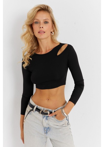 Kadın Siyah Pencereli Crop Bluz CG363 modelleri