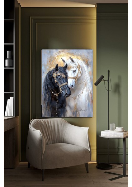 Sarılan Siyah Beyaz At Kanvas Tablo Ev Duvar Salon Ofis Dükkan Hediyelik Dekarasyon Süsü