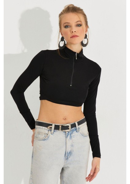 Kadın Siyah Fermuarlı Crop Bluz MEN2020