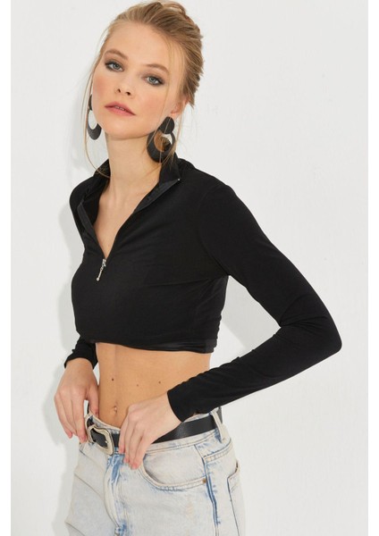 Kadın Siyah Fermuarlı Crop Bluz MEN2020 fiyatları