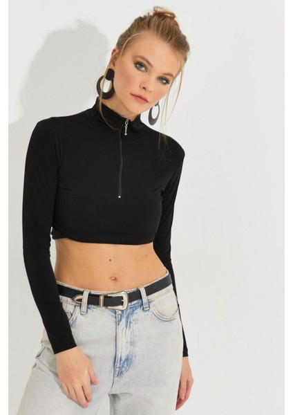 Kadın Siyah Fermuarlı Crop Bluz MEN2020 modelleri