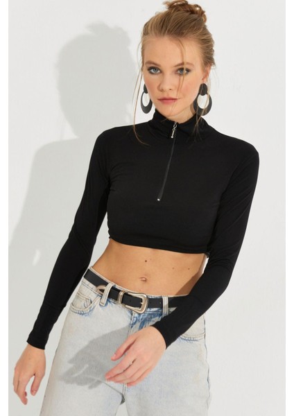 Kadın Siyah Fermuarlı Crop Bluz MEN2020 fırsatları
