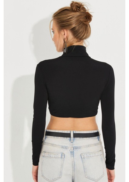 Kadın Siyah Fermuarlı Crop Bluz MEN2020 indirimleri