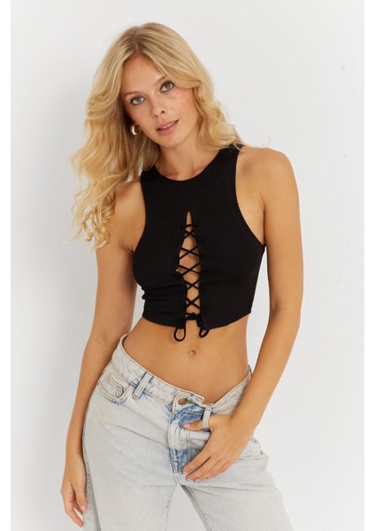 Kadın Siyah Detaylı Crop Bluz AYD375 indirimleri