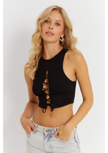 Kadın Siyah Detaylı Crop Bluz AYD375 modelleri