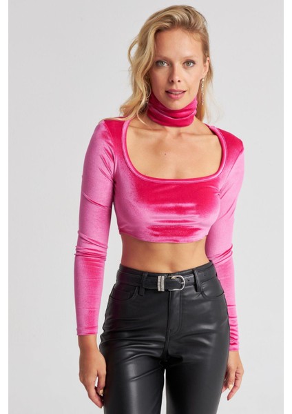 Kadın Fuşya Kare Yaka Boyunluklu Kadife Crop Bluz B2867 modelleri