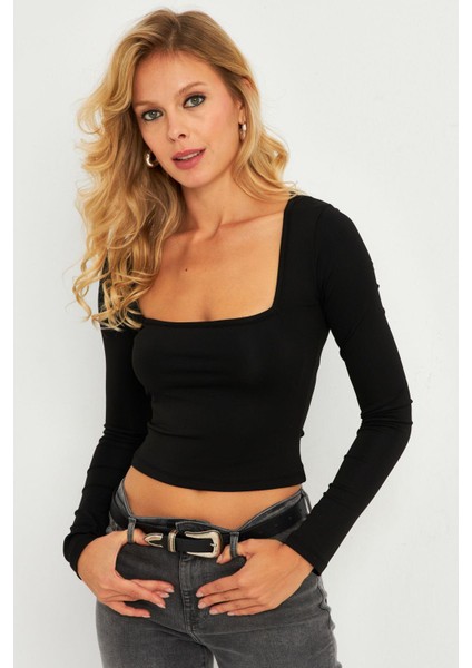 Kadın Siyah Kare Yaka Crop Bluz B3058 modelleri