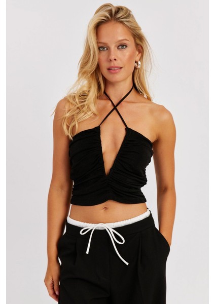 Kadın Siyah Drapeli Crop Bluz KED154