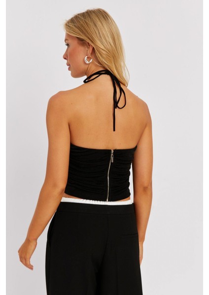 Kadın Siyah Drapeli Crop Bluz KED154 indirimleri