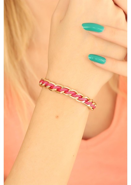 Gold Zincirli Pembe Ipli Bayan Bileklik - EBJ250628W36025