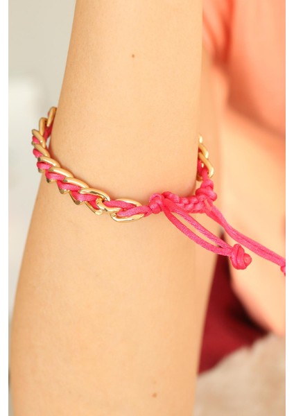 Gold Zincirli Pembe Ipli Bayan Bileklik - EBJ250628W36025