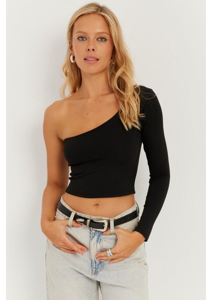Kadın Siyah Tek Omuz Crop Bluz CY445