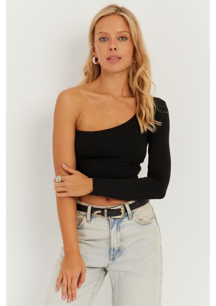 Kadın Siyah Tek Omuz Crop Bluz CY445 fiyatları