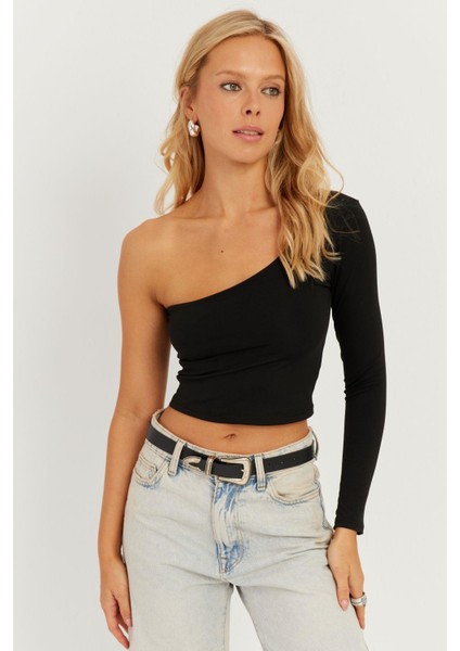 Kadın Siyah Tek Omuz Crop Bluz CY445 fırsatları