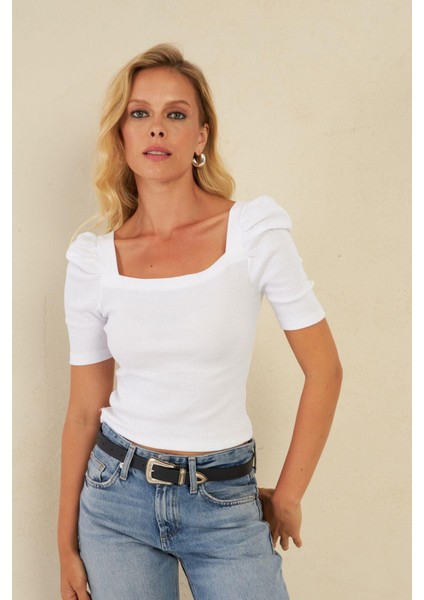 Kadın Beyaz Balon Kol Kaşkorse Bluz XL2019 fırsatları