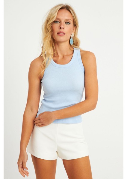 Kadın Mavi Halter Yaka Fitilli Bluz MK11