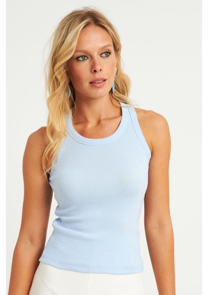 Kadın Mavi Halter Yaka Fitilli Bluz MK11 modelleri