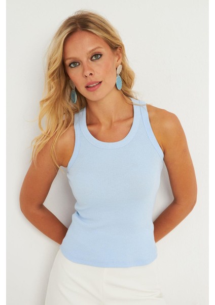 Kadın Mavi Halter Yaka Fitilli Bluz MK11 fırsatları