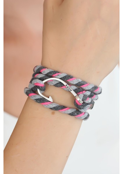 Karışık Desenli Pembe Gri Gümüş Metal Kancalı Bayan Çoklu Bileklik - EBJ250628W36023