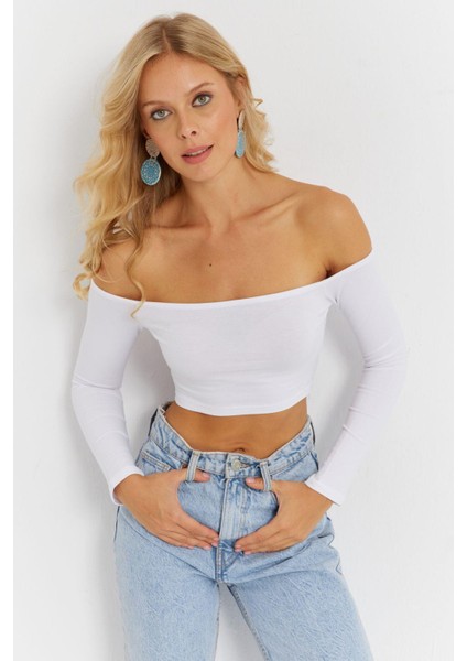 Kadın Beyaz Kare Yaka Crop Bluz CG364